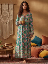 Load image into Gallery viewer, Green Floral Print,Bohemian Maxi Dress,Boho Dress Robe
