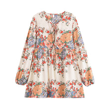 Load image into Gallery viewer, Women's Boho Floral V-Neck Mini Dress - Lantern Sleeve Tunic
