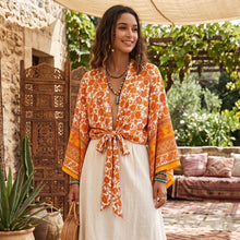 Load image into Gallery viewer, Bohemian Kimono, Boho Bikini Cover-ups,Black Floral Print
