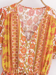 Yellow Floral Print ,Bohemian Mini Dress, Boho Dress