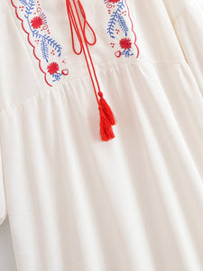Floral Emberoidery, Linen Cotton Maxi Dress,Tassel Boho Dress