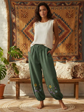 Load image into Gallery viewer, Wild Flower Embroidery ,Linen Cotton Baggy Pants, Bloomers Loose Yoga Trousers
