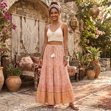 Load image into Gallery viewer, Pink Floral Tiered Boho Maxi Skirt - Elastic Waist Tassel

