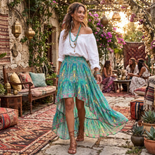 Load image into Gallery viewer, Green Paisley High-Low Maxi Skirt - Smocked Boho Skirt
