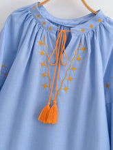 Load image into Gallery viewer, Star Moon Embroidery, Linen Cotton Blouse,Lace-up Tassel Boho Shirts
