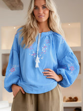 Load image into Gallery viewer, Wild Floral Embroidery ,Linen Cotton Shirts, Lace-up Tassel Boho Blusas
