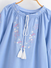 Load image into Gallery viewer, Retro Floral Embroidered ,Linen Cotton Blouse ,Lace-up Tassel Boho Shirts
