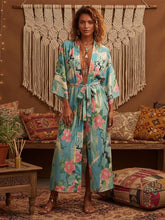 Load image into Gallery viewer, Boho Green Crane &amp; Floral Print Kimono | Rayon Beach Cover-up &amp; Robe
