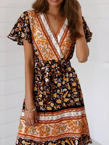 Floral Print,Beach Wrap Mini Dress,Boho Dresses