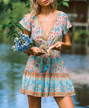 Load image into Gallery viewer, Floral Print V-neck,Boho Sundress,Boho Mini Dress
