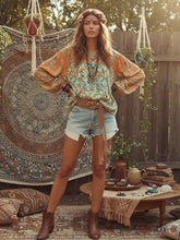 Load image into Gallery viewer, Boho Blouse, Vintage Blouse,Yellow Floral Print
