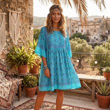 Load image into Gallery viewer, Green Floral Print ,Batwing Sleeve ,Boho Dress
