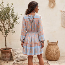 Load image into Gallery viewer, Blue Floral Print Bohemian Mini Dress , Rayon Boho Dress
