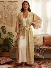 Load image into Gallery viewer, Black Floral Print ,Bohemian Kimono Robe ,Boho Bikini Cover-ups
