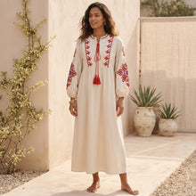 Load image into Gallery viewer, Floral Emberoidery ,Bohemian Maxi Dress ,Linen Cotton Dress
