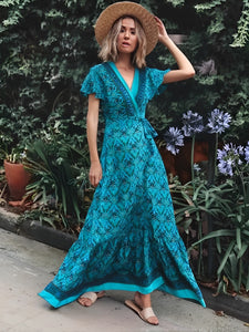 Boho Dress, Bohemian Maxi Dress,Green Floral Print