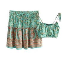 Load image into Gallery viewer, Boho Sets, Green Floral Print ,Mini Skirt and Tops
