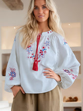 Load image into Gallery viewer, Retro Floral Embroidered ,Linen Cotton Blouse ,Lace-up Tassel Boho Shirts
