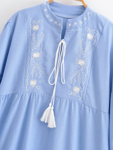 Floral Emberoidery, Linen Cotton Maxi Dress,Tassel Boho Dress