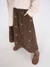Load image into Gallery viewer, Retro Brown Corduroy Skirt , Embroidery Floral Midi Skirt

