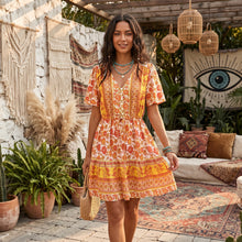 Load image into Gallery viewer, Yellow Floral Print ,Bohemian Mini Dress, Boho Dress
