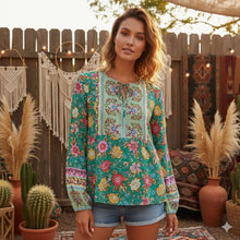 Load image into Gallery viewer, Green Floral Print,Bohemian Blouse Shirts ,Boho Tops
