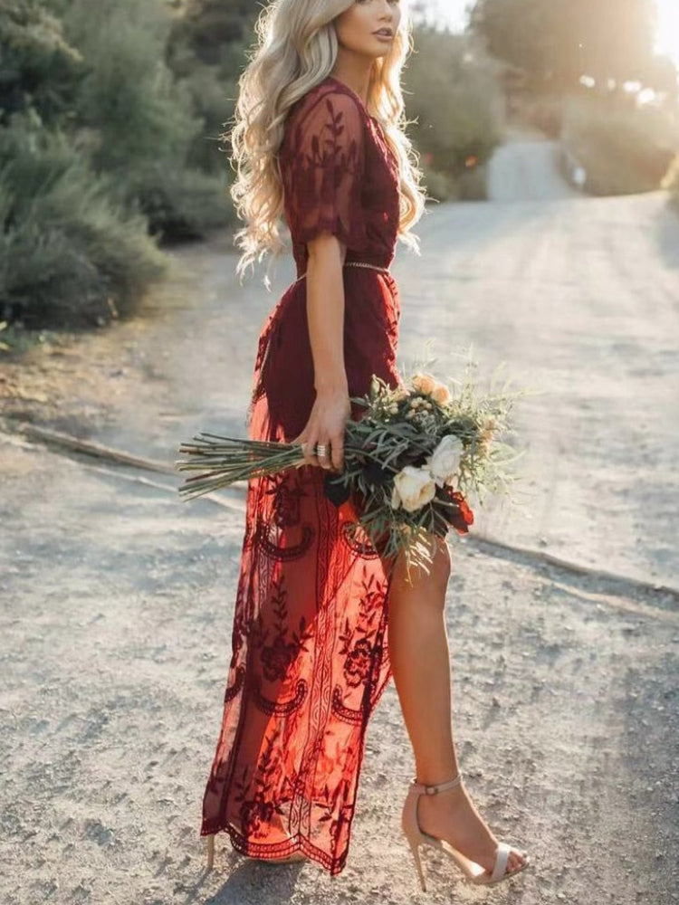 red lace boho dress Boho Red Lace Maxi Dress Long Sleeve Embroidered V-Neck Beach Dress