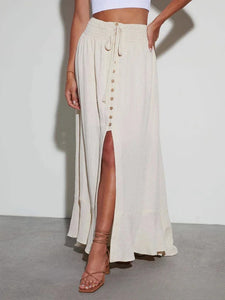 Single Breasted  Beach Bohemian Maxi Skirt, Split Boho Skirt