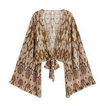 Load image into Gallery viewer, Floral Print Rayon Kimono Top - Ruffle Sleeve Tie Front Crop Top
