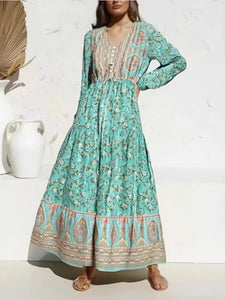 Bohemian Maxi Dresses ,Green Floral ,Summer Boho Dress