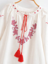 Load image into Gallery viewer, Wild Floral Embroidery ,Linen Cotton Shirts, Lace-up Tassel Boho Blusas
