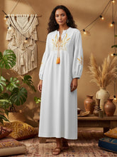 Load image into Gallery viewer, Retro Linen Cotton,Wheat Emberoidered, Lantern Sleeve Boho Maxi Dress
