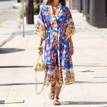 Load image into Gallery viewer, Floral Bird Print , Bohemian Kimono, Boho Maxi Dress Robe
