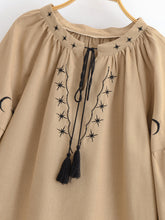 Load image into Gallery viewer, Star Moon Embroidery, Linen Cotton Blouse,Lace-up Tassel Boho Shirts
