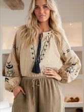 Load image into Gallery viewer, Star Moon Embroidery, Linen Cotton Blouse,Lace-up Tassel Boho Shirts
