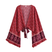 Load image into Gallery viewer, Floral Print Rayon Kimono Top - Ruffle Sleeve Tie Front Crop Top
