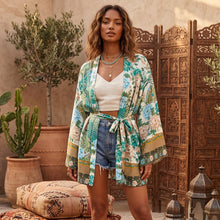 Load image into Gallery viewer, Green Peacock Floral Print ,bohemian kimono ,Boho robe Cover-ups
