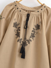 Load image into Gallery viewer, Wild Floral Embroidery ,Linen Cotton Shirts, Lace-up Tassel Boho Blusas
