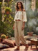 Load image into Gallery viewer, Sun Moon Embroidery ,Linen Cotton Baggy Pants ,Loose Yoga Trousers
