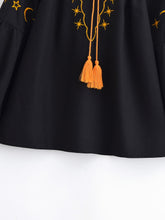 Load image into Gallery viewer, Star Moon Embroidery, Linen Cotton Blouse,Lace-up Tassel Boho Shirts
