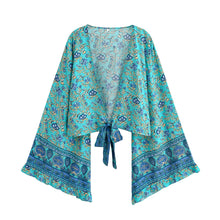 Load image into Gallery viewer, Boho Floral Print Rayon Kimono Top - Ruffle Flare Sleeve Tie Front Beach Cover-up
