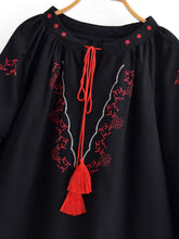 Load image into Gallery viewer, Retro Floral Embroidered, Linen Cotton Blouse ,Lace-up Boho Shirt
