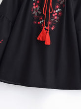 Load image into Gallery viewer, Retro Floral Embroidered ,Linen Cotton Blouse ,Lace-up Tassel Boho Shirts
