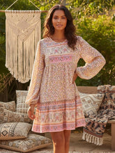 Load image into Gallery viewer, Bohemian Floral Print Lantern Sleeve Mini Dress - Pink Gardenia
