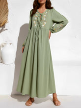 Load image into Gallery viewer, Linen Cotton,Wild Floral Embroidery , Lace-up Tassel Maxi Boho Dress
