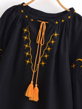 Load image into Gallery viewer, Star Moon Embroidery, Linen Cotton Blouse,Lace-up Tassel Boho Shirts

