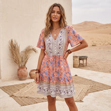 Load image into Gallery viewer, Wild Floral Print, Summer Bohemian Mini Dress,Vacation Boho Dress
