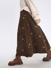 Load image into Gallery viewer, Retro Brown Corduroy Skirt , Embroidery Floral Midi Skirt
