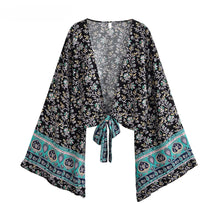 Load image into Gallery viewer, Boho Floral Print Rayon Kimono Top - Ruffle Flare Sleeve Tie Front Beach Cover-up

