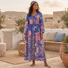 Load image into Gallery viewer, Star and Moon Print Boho Dress,Bohemian Maxi Sundress
